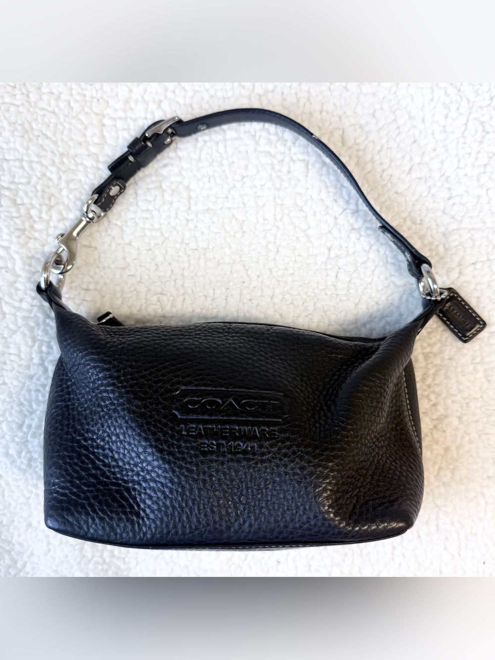 Vintage Coach Y2K Black Leather Baguette Hobo Shoulder Bag Logo Zip Top GUC